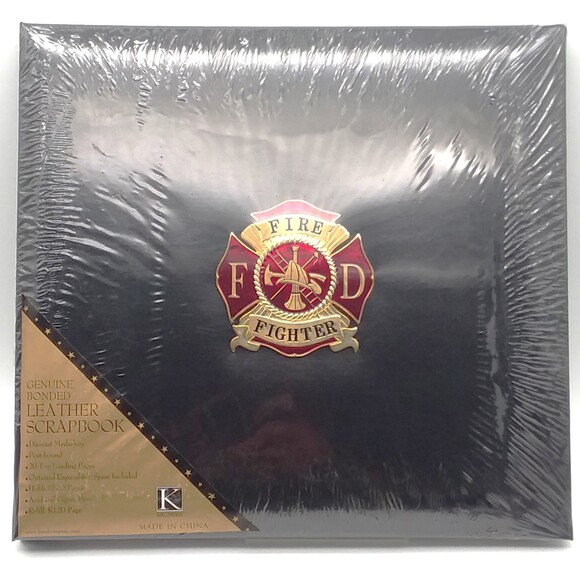 Firefighter Scrapbook Photo Album K&Company Leather Fireman Die Cast Medal Badge - Picture 1 of 4
